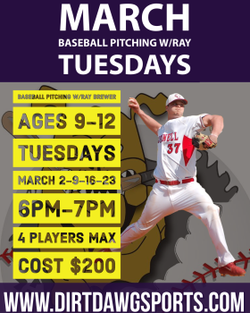 Baseball Pitching Ages 9-12 w/Ray 6-7pm Mar
