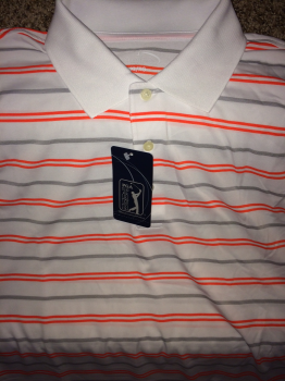 PGA Tour Golf Shirt. White with Orange and Gray