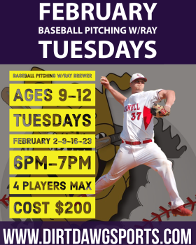 Baseball Pitching Ages 9-12 w/Ray 6-7pm Feb